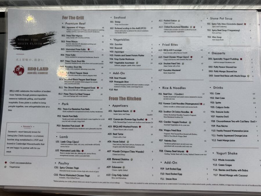 The printed BBQ Land menu: grill, kitchen, soups, desserts and drinks