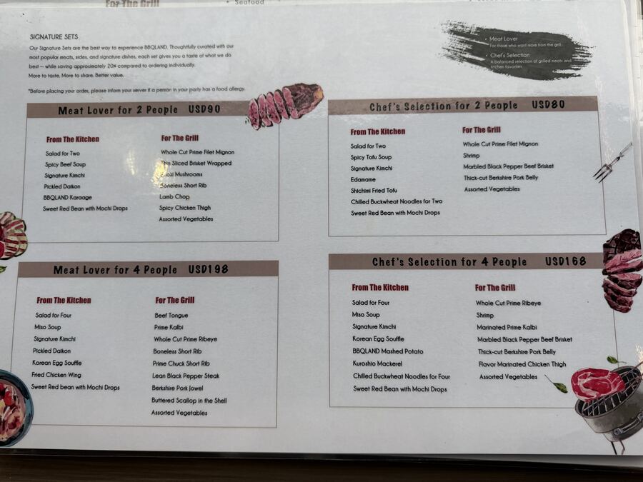 The printed signature sets menu: Meat Lover and Chef&rsquo;s Selection for 2 and for 4